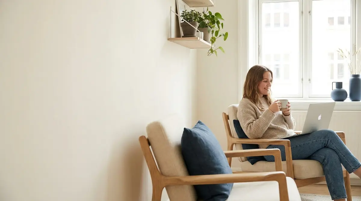 Person som planlegger privatøkonomien med laptop i et lyst hjem