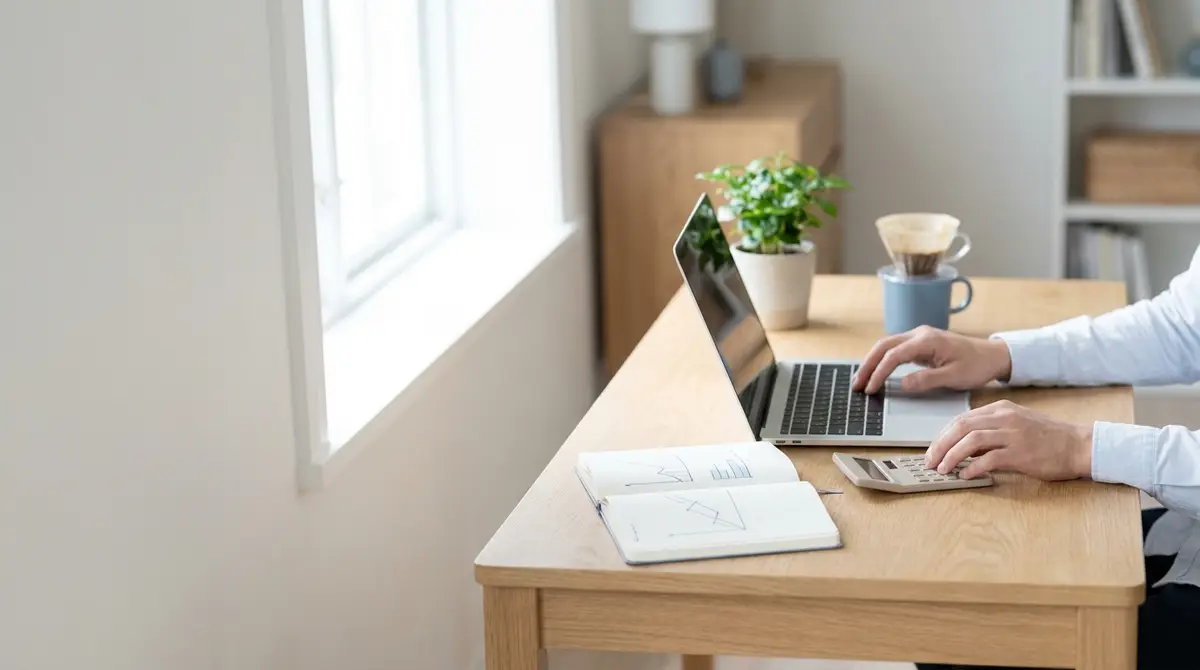 Person regner ut gjeldsgrad med kalkulator og laptop ved et lyst skrivebord